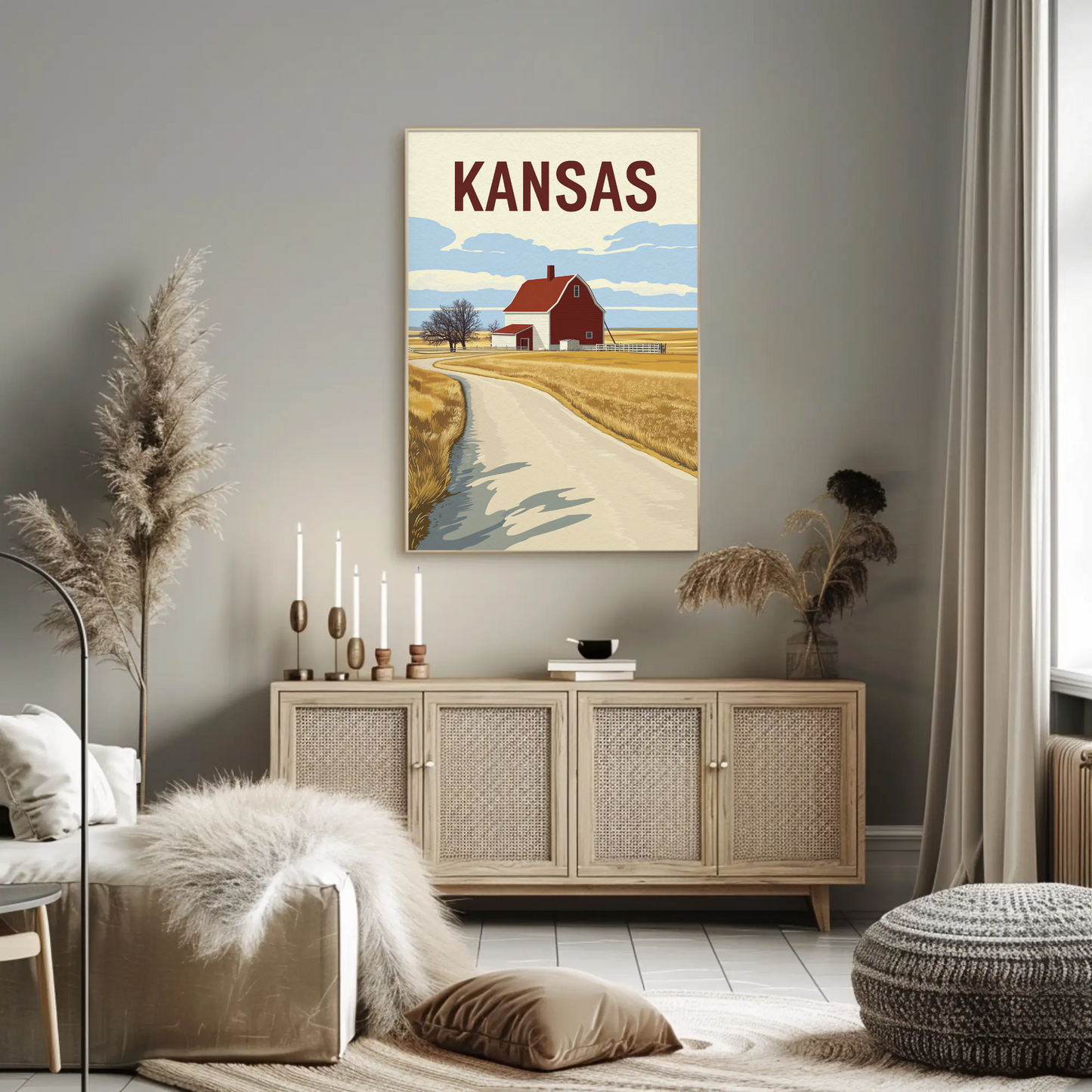 Kansas Barn Roadscape Vintage Poster