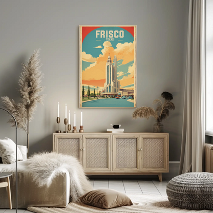 Frisco Texas Modern Tower Sunset Street Vintage Travel Poster