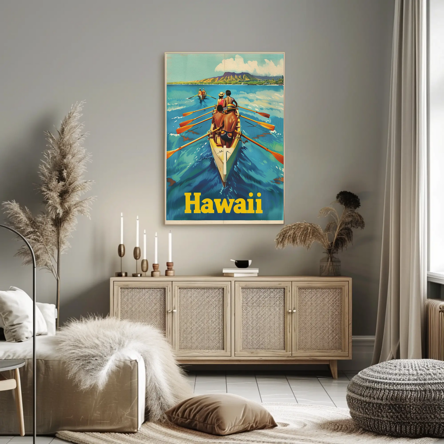 Vintage Travel Poster - Hawaii Rowing Canoe