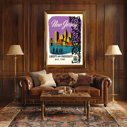 New Jersey Cityscape Bridge Purple Sky Vintage Poster