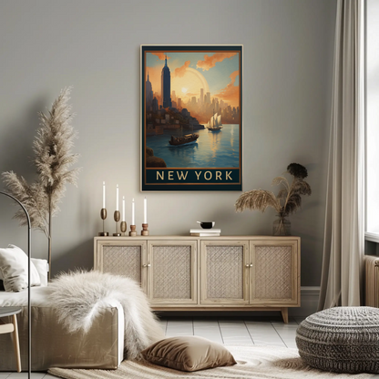 New York Harbor Sunset Vintage Travel Poster