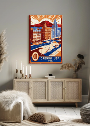 Oregon USA 1950s Coastal Cityscape Vintage Travel Poster