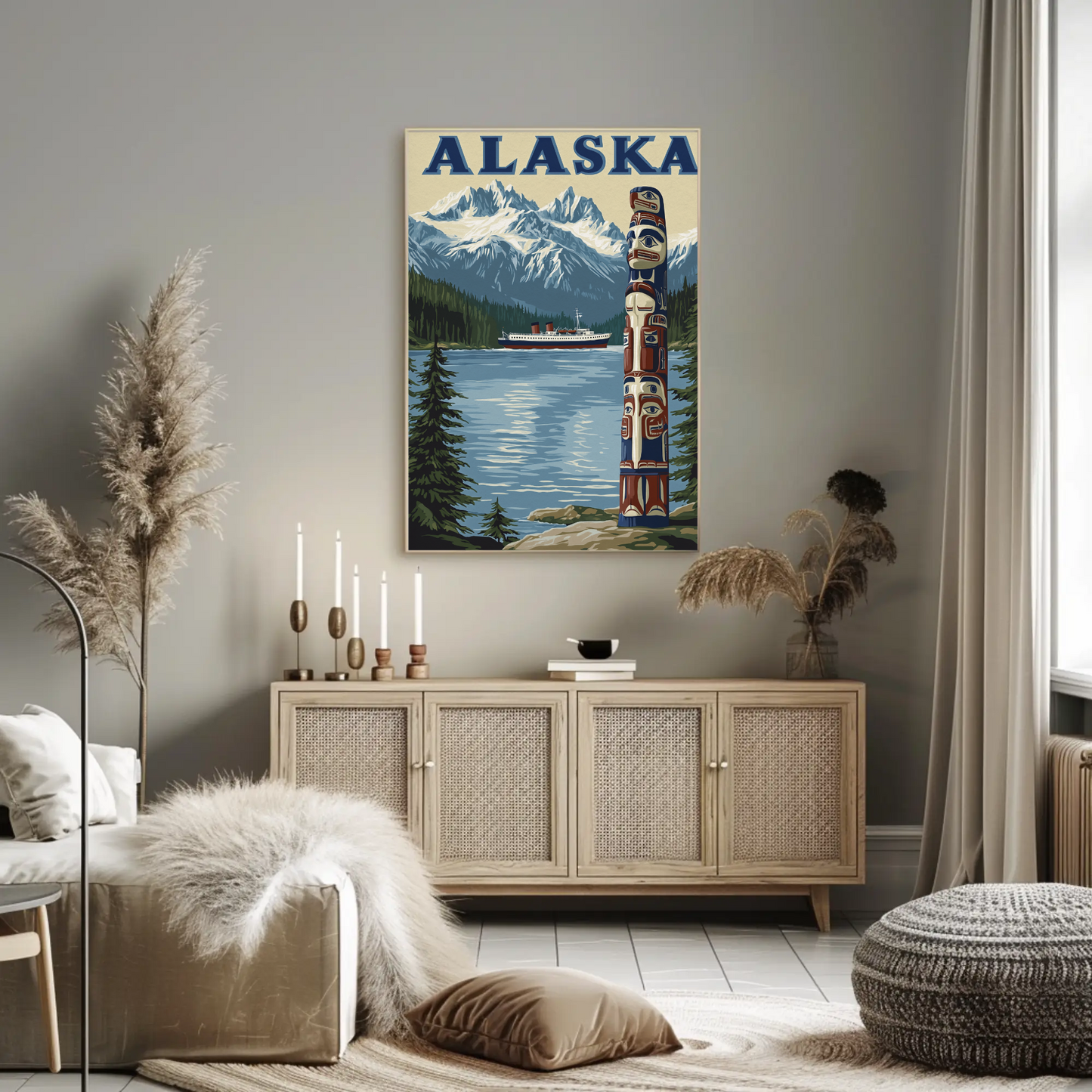 Alaska Vintage Poster - Totem and Mountains