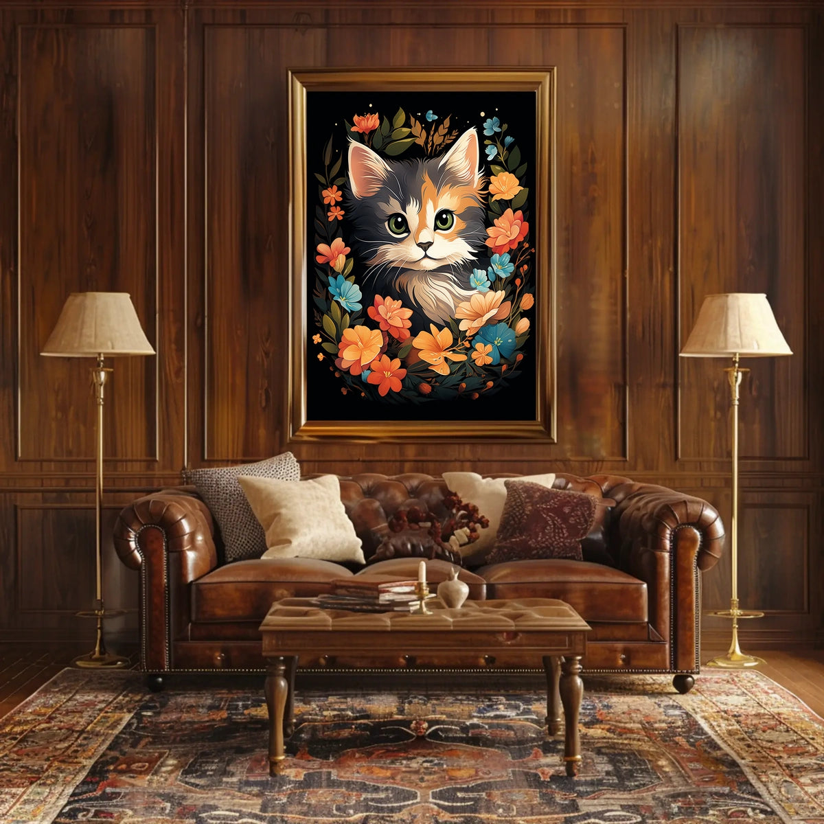Charming Cat Amidst Vibrant Floral Wonderland Poster