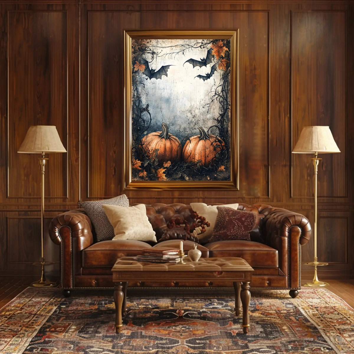 Halloween Pumpkins and Bats Vintage Artistic Poster