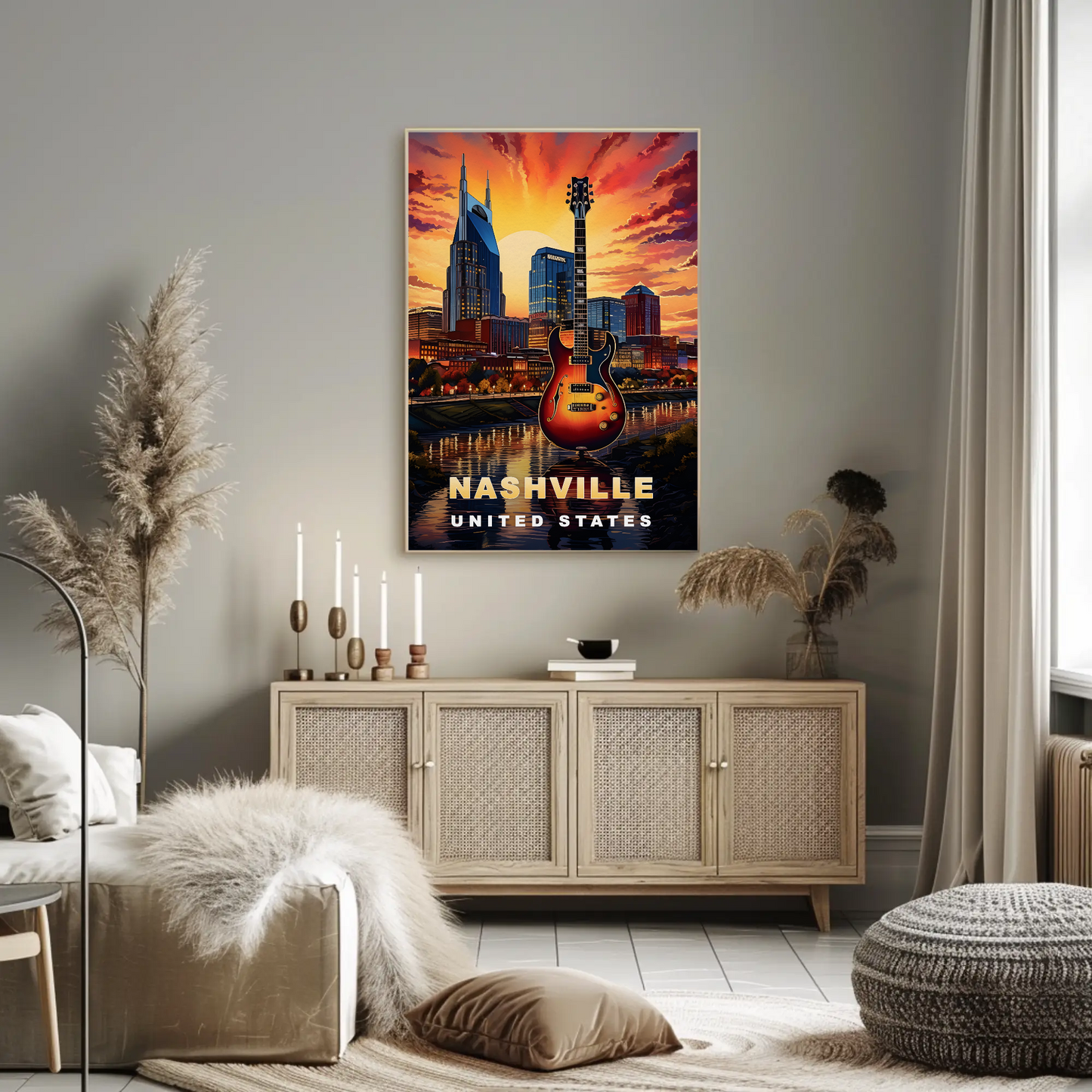 Nashville Tennessee Guitar Sunset Skyline Vintage Travel Poster