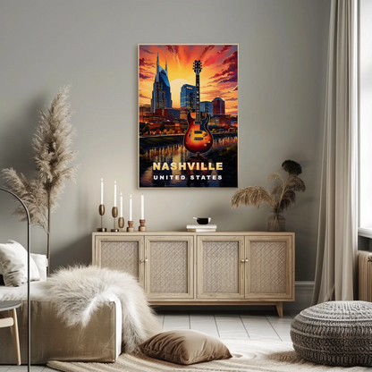 Nashville Tennessee Guitar Sunset Skyline Vintage Travel Poster
