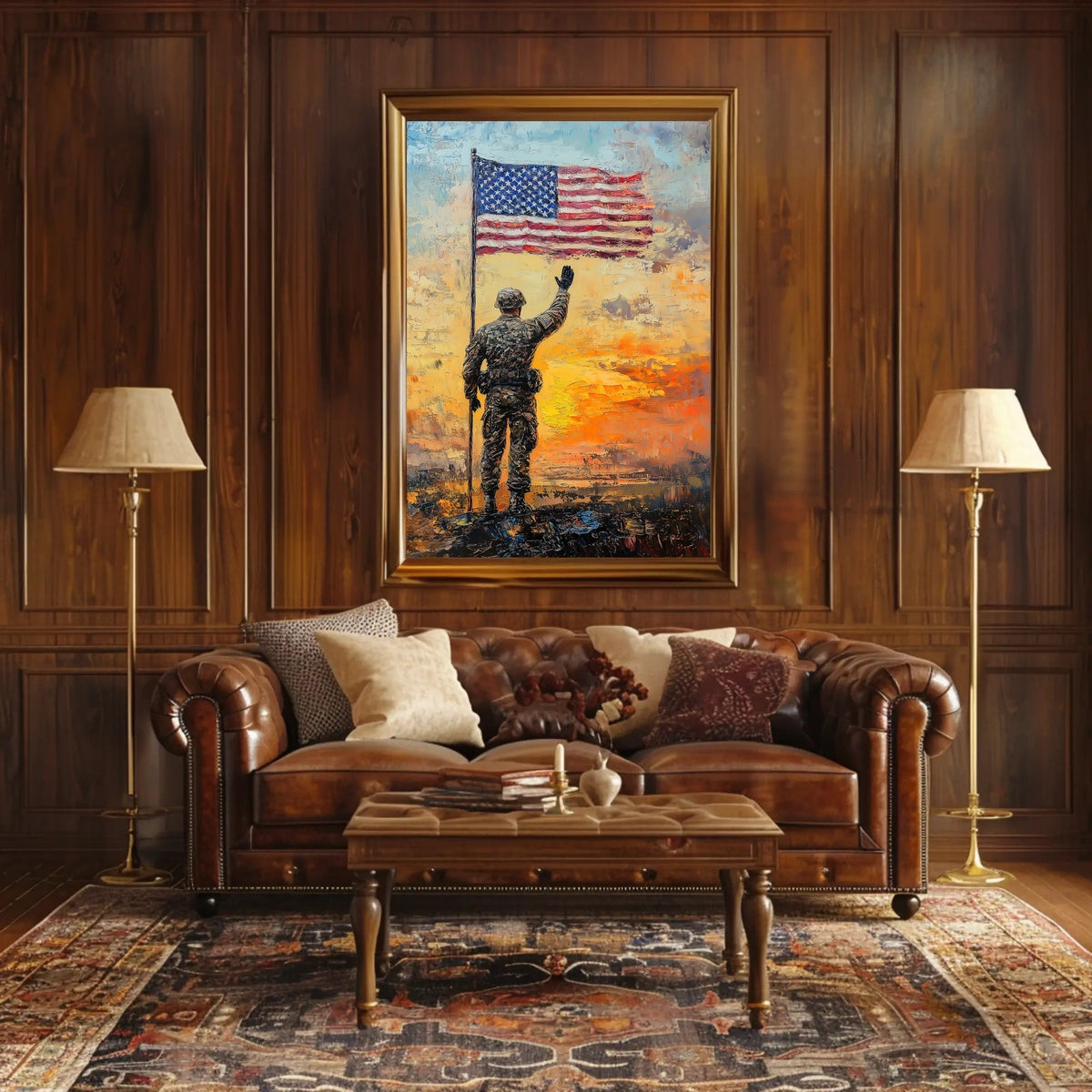 soldier saluting the American flag at sunrise Poster