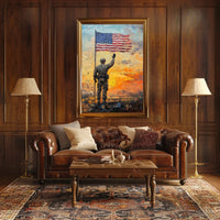 soldier saluting the American flag at sunrise Poster