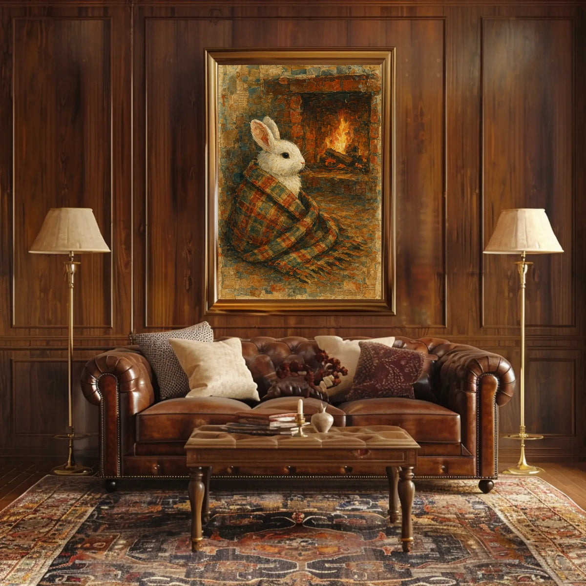 Cozy Rabbit By The Fireplace Poster