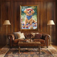 Golden Retriever Puppy On White Picnic Blanket Poster