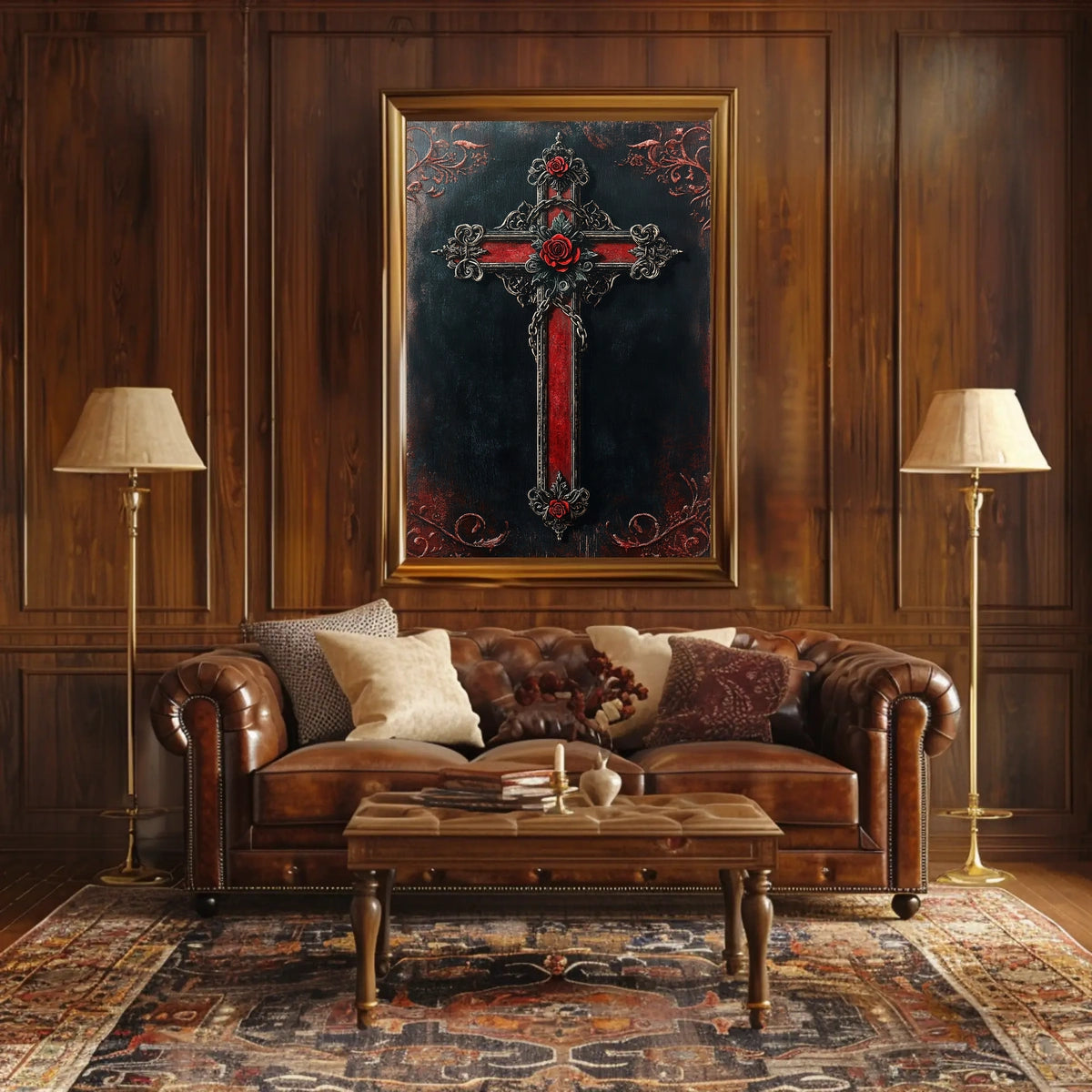 Stylized Ornate Cross with Roses Poster