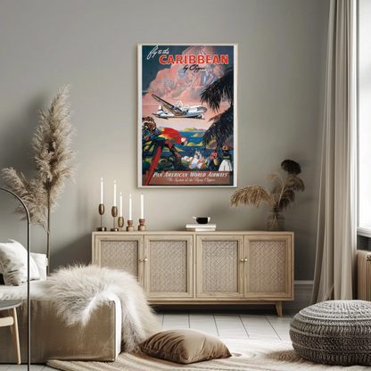 1940s Fly to the Caribbean Vintage Style Tropical Travel Poster