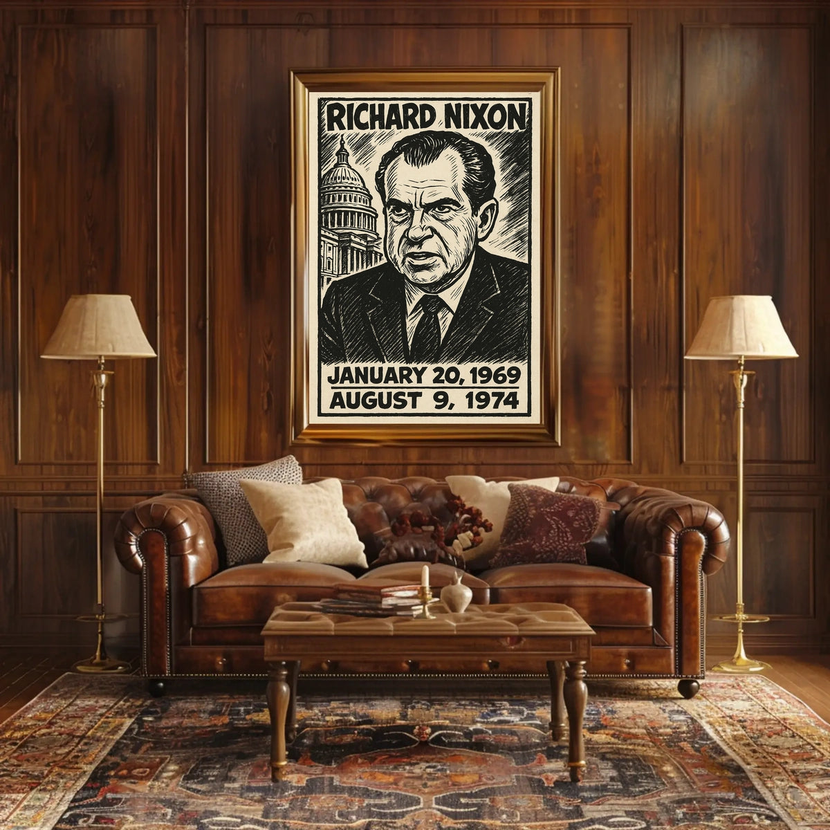 Richard Nixon 37th President of the United States B & W Comic Sketch Poster