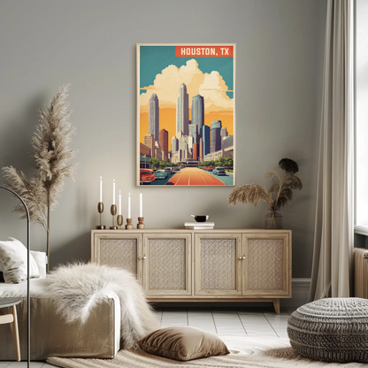 Houston Texas Skyline Classic Cars Sunset Vintage Travel Poster