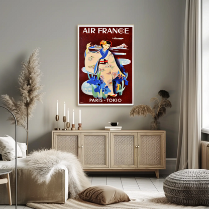 Paris To Tokyo Air France Geisha Vintage Travel Poster