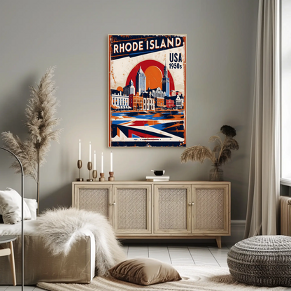 Rhode Island USA 1950s Waterfront Skyline Vintage Travel Poster