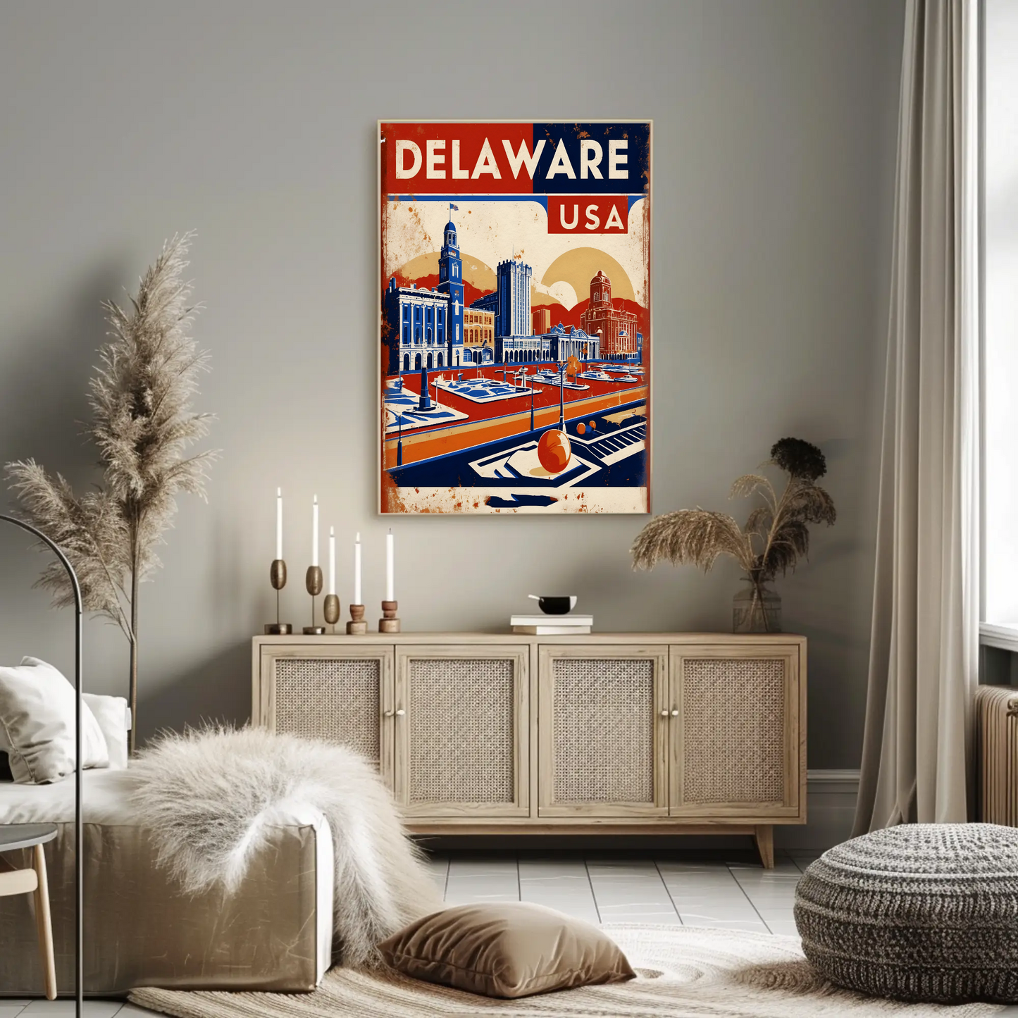 Delaware Waterfront Skyline Retro USA Vintage Maroon Travel Poster