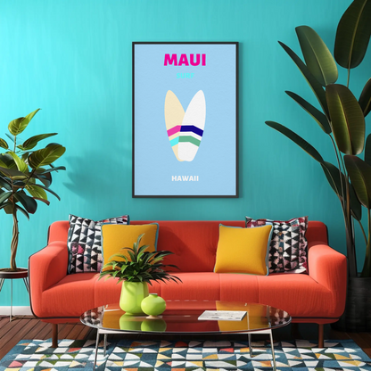 Maui Hawaii Surfboard Graphic Retro Travel Poster