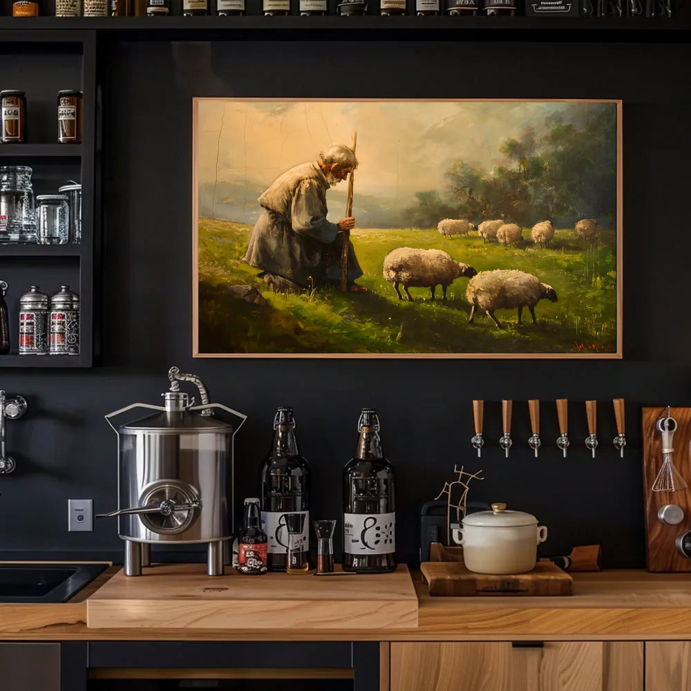 Pastoral Serenity: Shepherd and Sheep in Misty Meadow