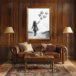 Child Releasing Star Balloons Black And White Sketch Poster