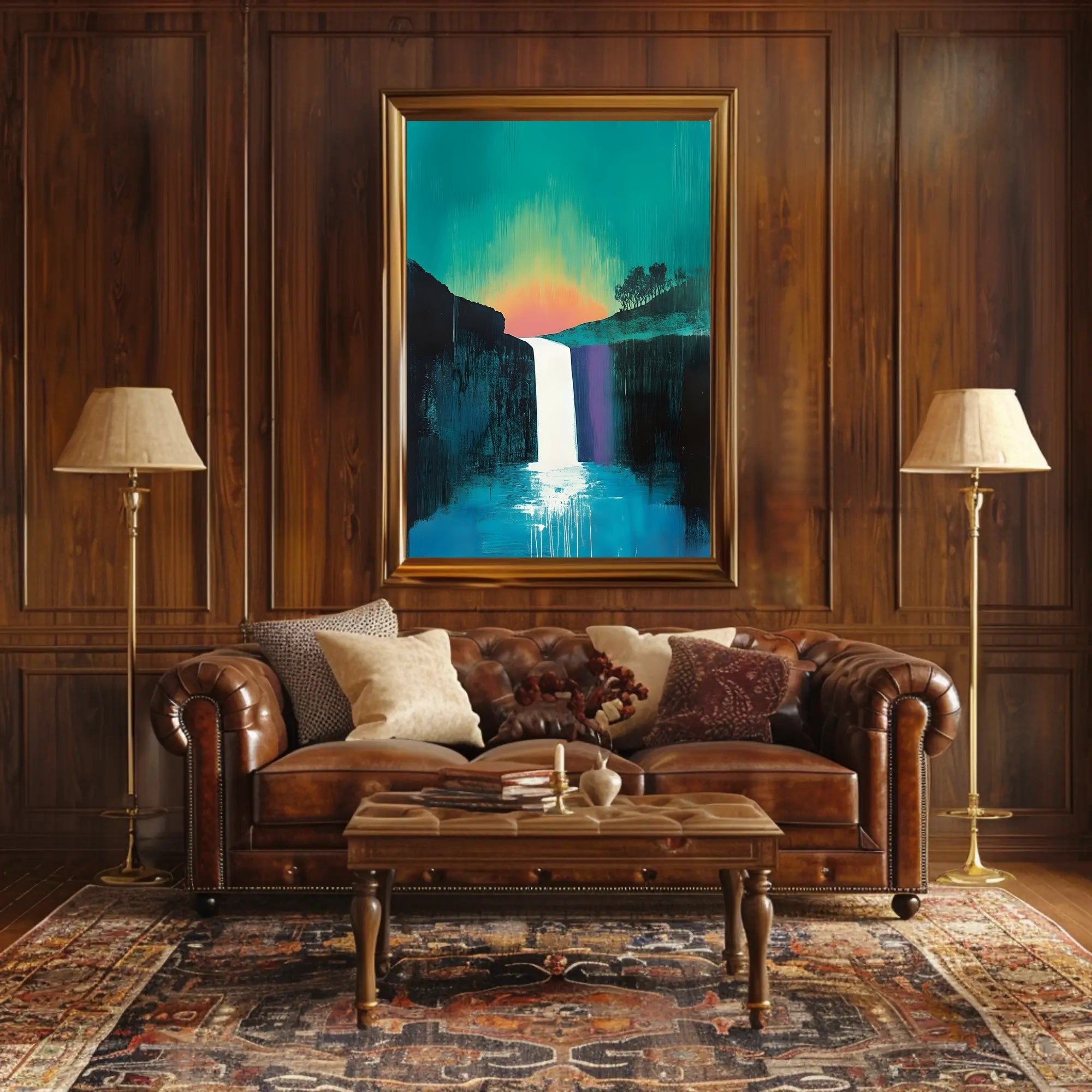 Abstract Waterfall Sunset Poster Modern Wall Art