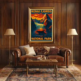 Kenai Fjords National Park Vintage Travel Dramatic Glacier Landscape Alaska Whale Tail Adventure Poster