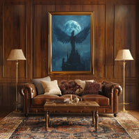 Ethereal Gothic Cityscape with Winged Silhouette Fantasy Poster