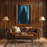 Mysterious Cloaked Figure in Gothic Stone Corridor PosterGoat