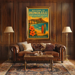 Honolulu Adventure Vintage Travel Poster Beach & Surfboards