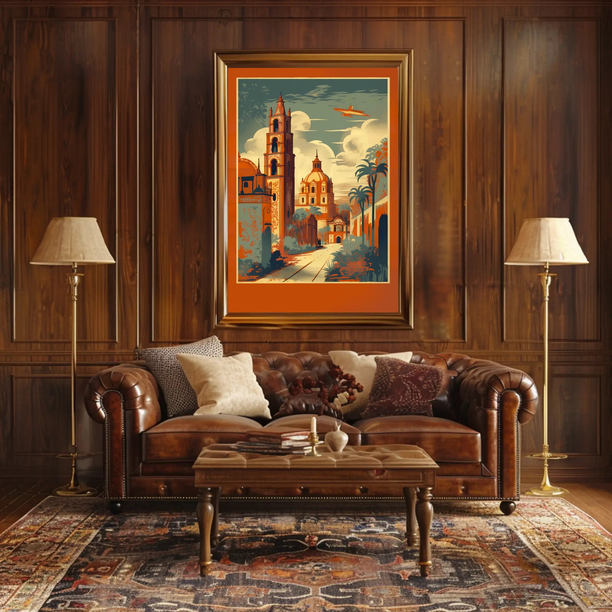 Vibrant Cityscape with Soaring Plane Poster