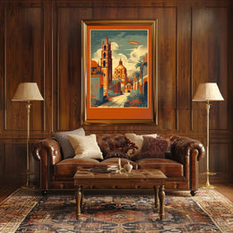 Vibrant Cityscape with Soaring Plane Poster