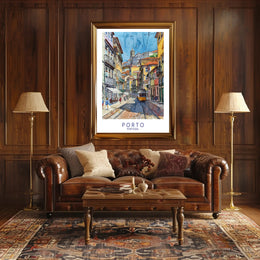 Porto Vibrant Cityscape Yellow Tram Urban Cityscape Poster PosterGoat