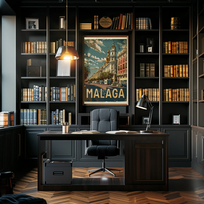 Malaga Urban Cityscape with Palm-Lined Boulevard Travel Poster