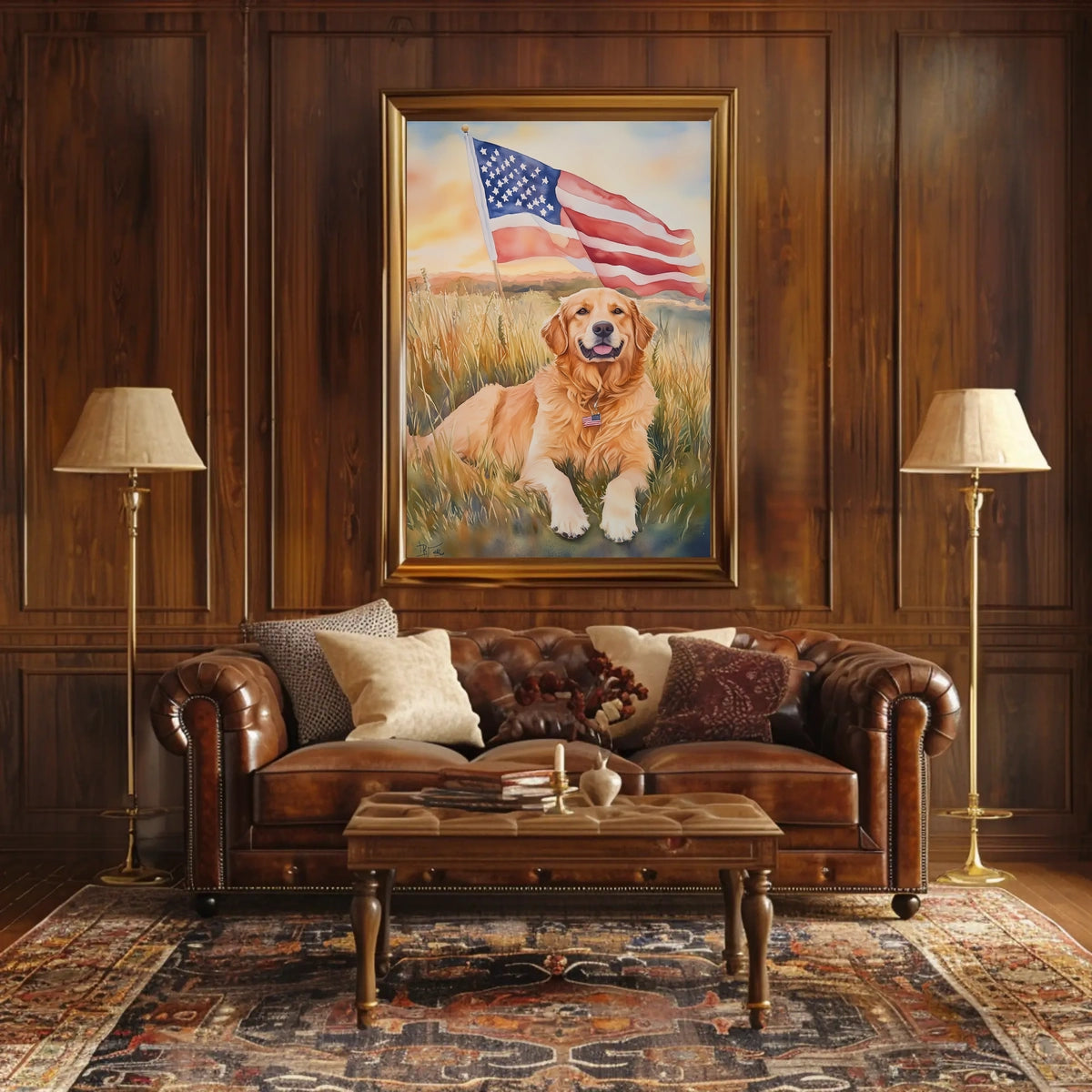 Golden Retriever Lying In Sunset Field Portrait Poster