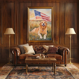 Golden Retriever Lying In Sunset Field Portrait Poster