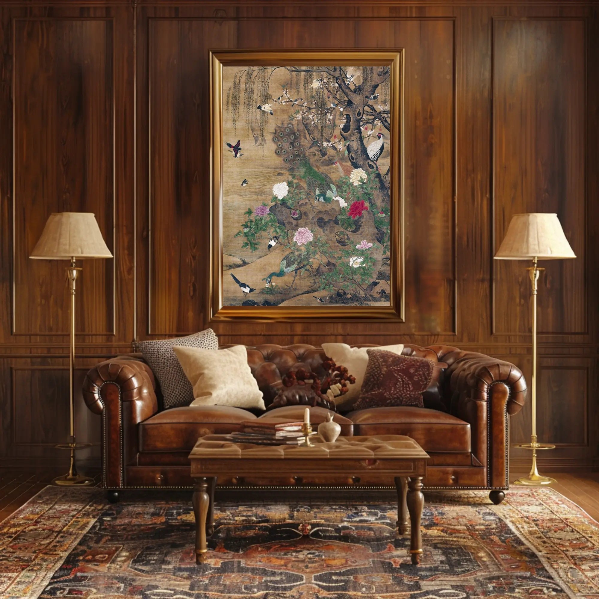 Serene Nature: Vibrant Peacocks and Blossoming Trees Poster