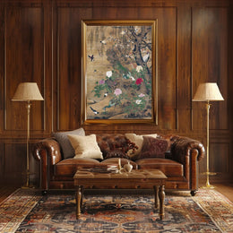 Serene Nature: Vibrant Peacocks and Blossoming Trees Poster