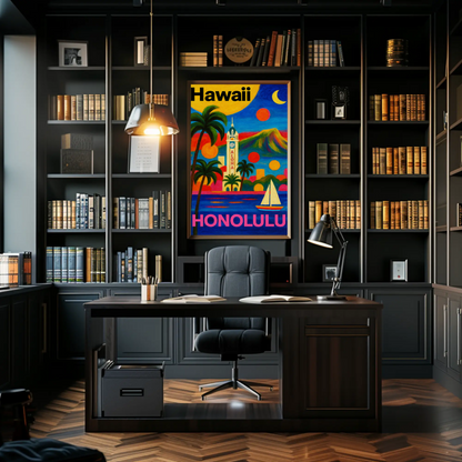 Honolulu Hawaii Tower View With Sunset Colors Travel Poster