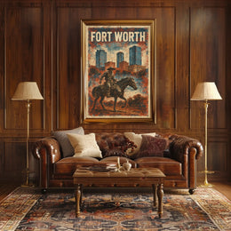 Fort Worth Cowboy Cityscape Vintage Collector Poster