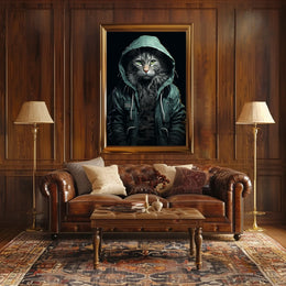 Cat in Teal Jacket Photorealistic Art Poster
