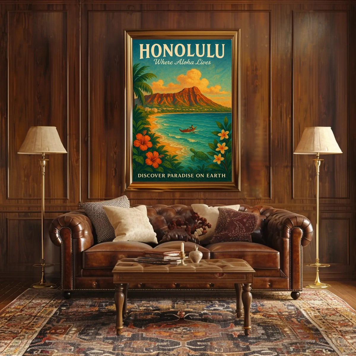 Honolulu Vintage Paradise Travel Poster Illustration