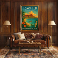 Honolulu Vintage Paradise Travel Poster Illustration