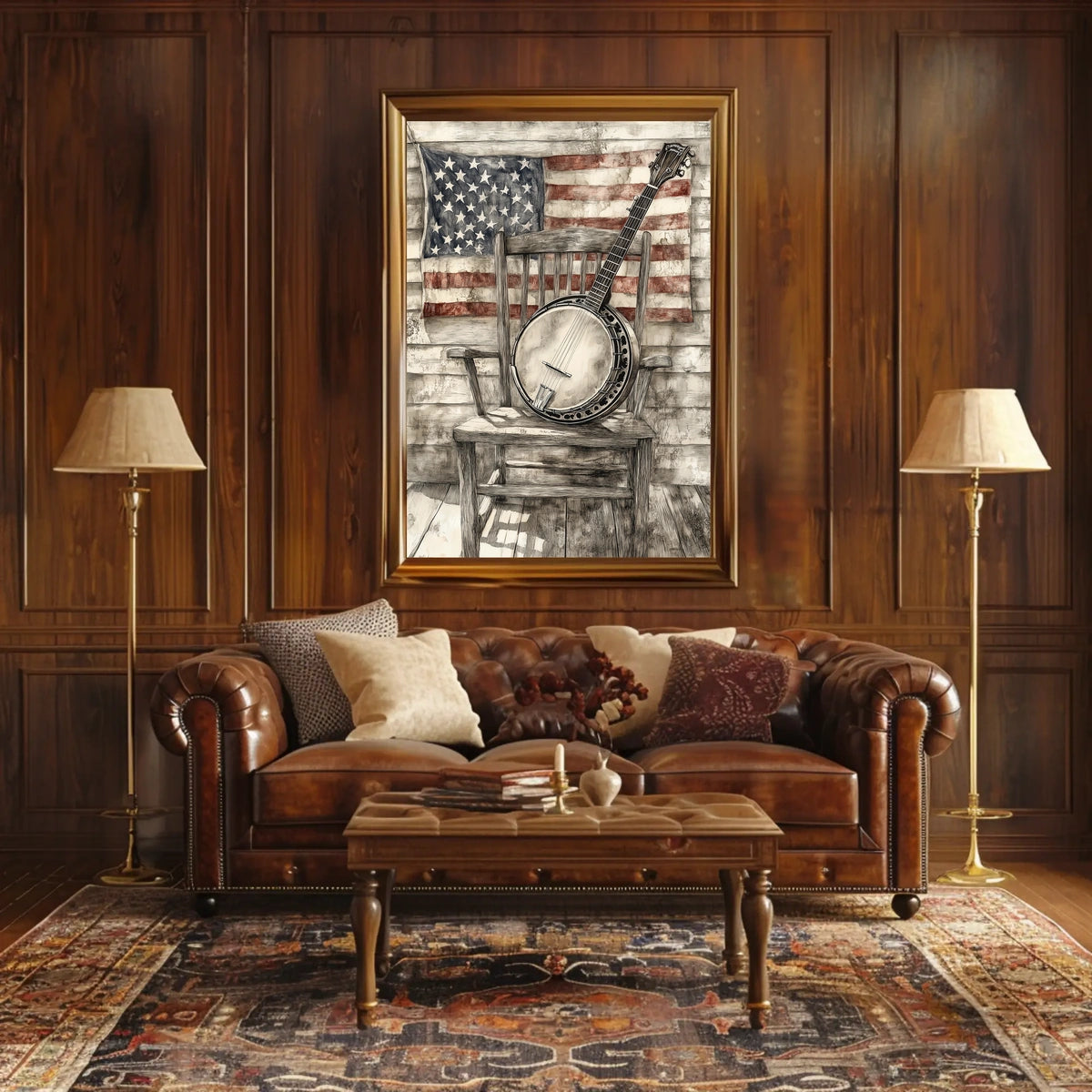 Vintage Banjo On Rustic Chair With American Flag Poster