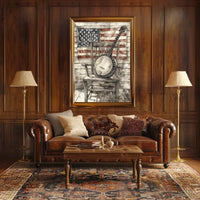 Vintage Banjo On Rustic Chair With American Flag Poster