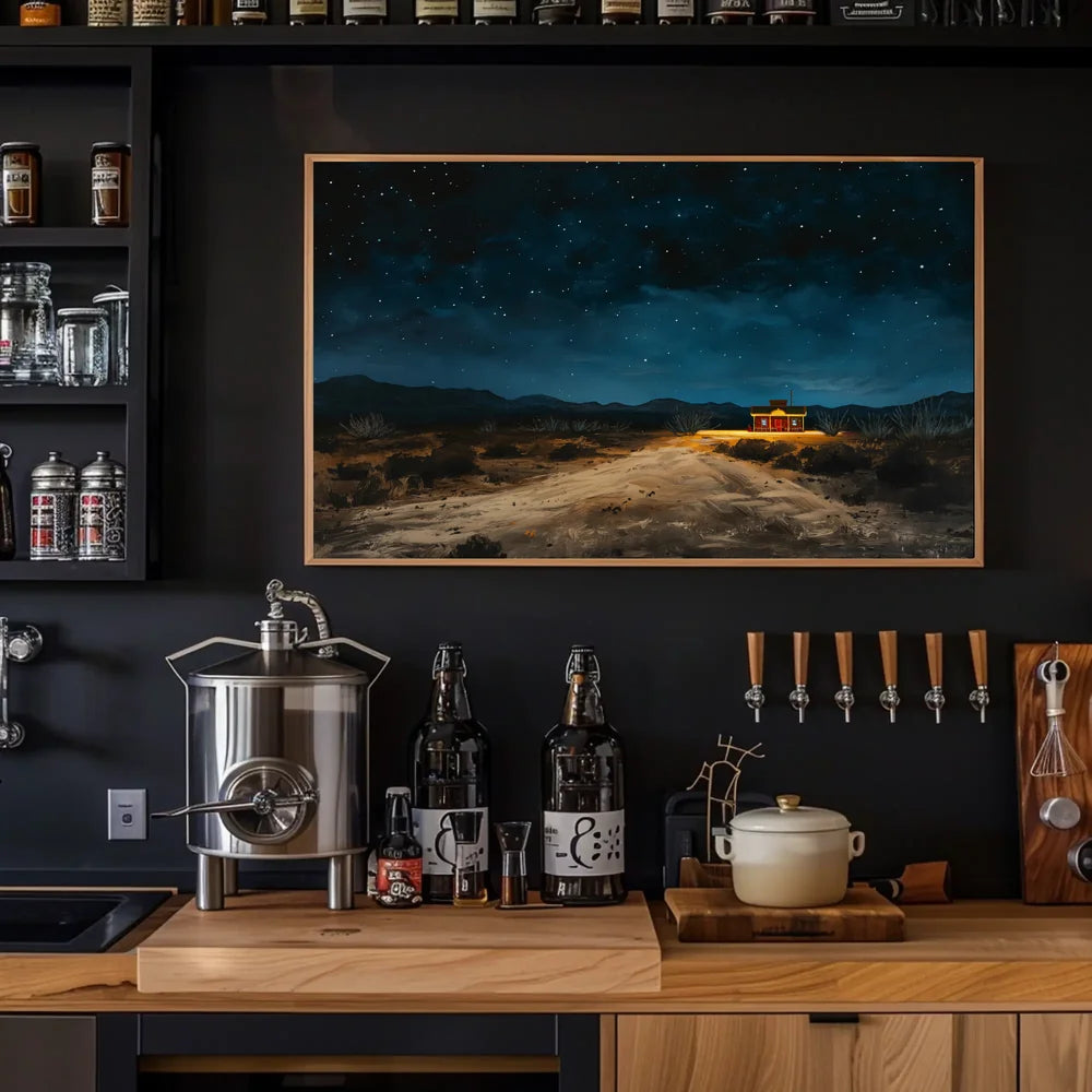 Desert Night Solitude: Tranquil Cabin Art Poster