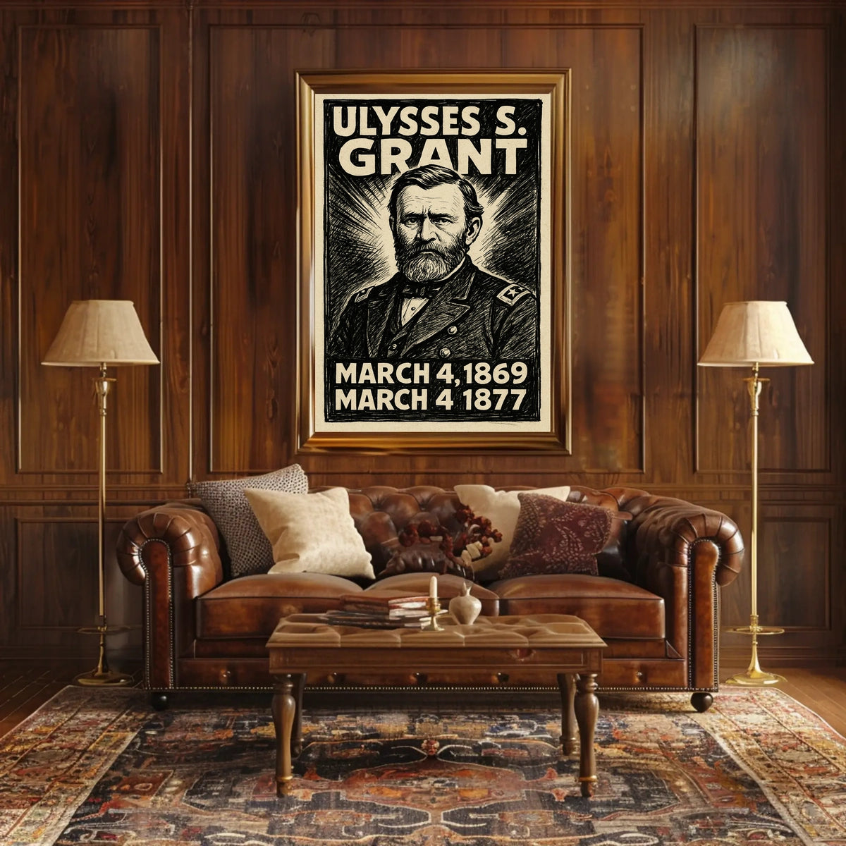 Ulysses S. Grant 18th President of the United States B & W Comic Sketch Poster