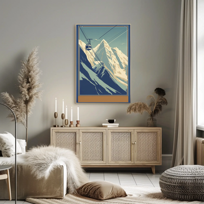 Retro Tram Over Snowy Mountainside Vintage Travel Poster