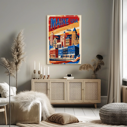 Maine USA 1950s Seaside Townscape Vintage Maroon Travel Poster