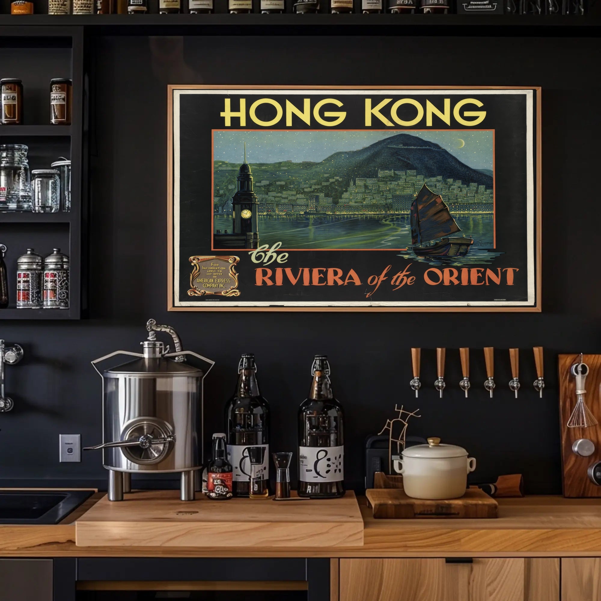 Vintage Hong Kong Poster with Night Skyline PosterGoat